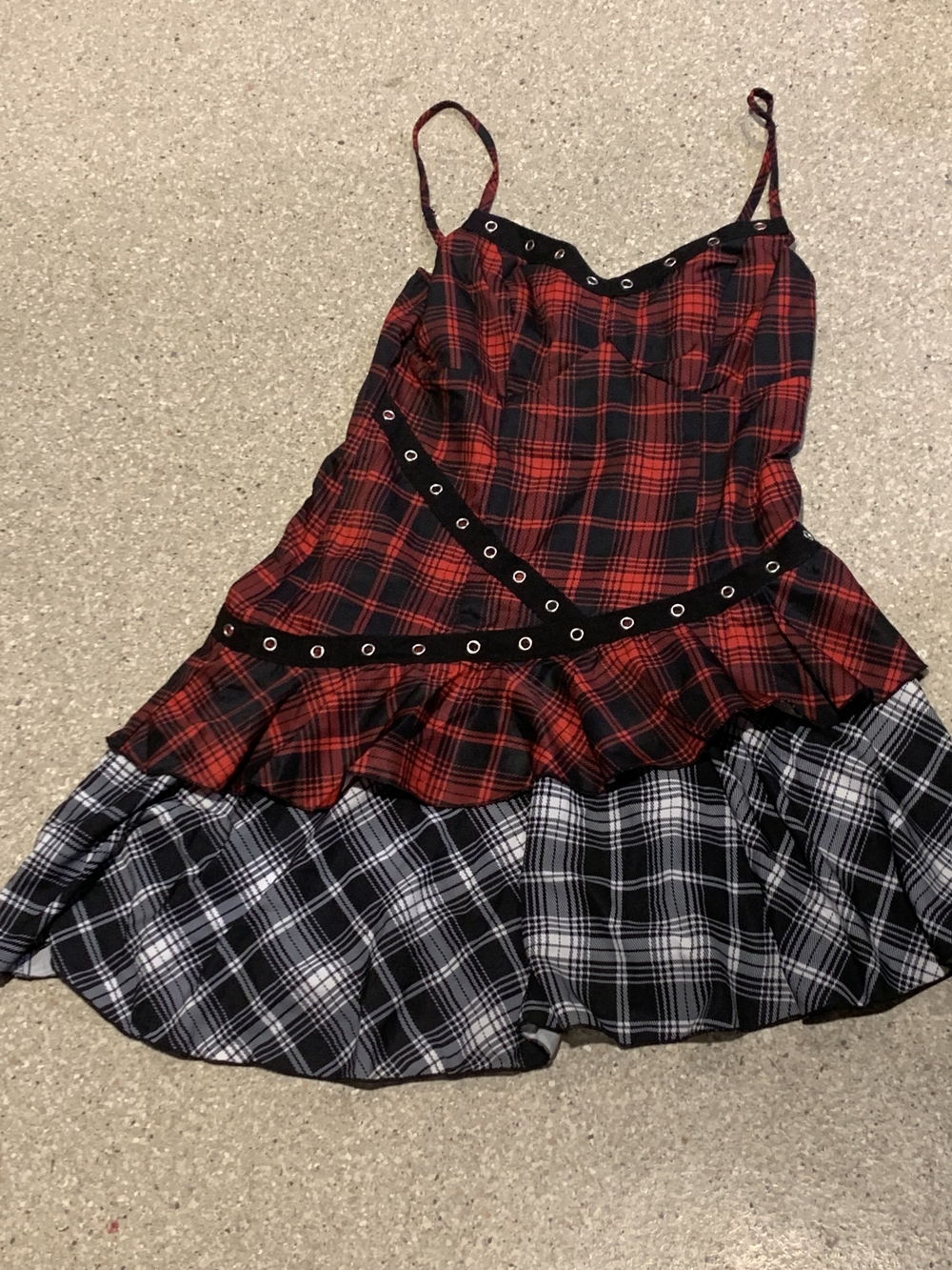 #686 Gothic Red and Black Plaid Spaghetti Strap Dress with Black Eyelet Trim